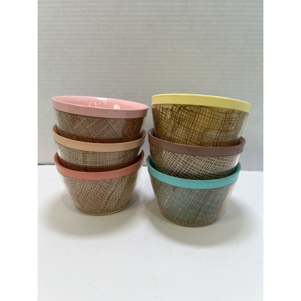 Raffiaware Melmac Plastic Bowls Insulated Colored Woven Burlap Set of 6 Vintage